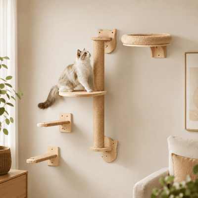 Arbre à chat mural en bois avec griffoir sisal et couchage