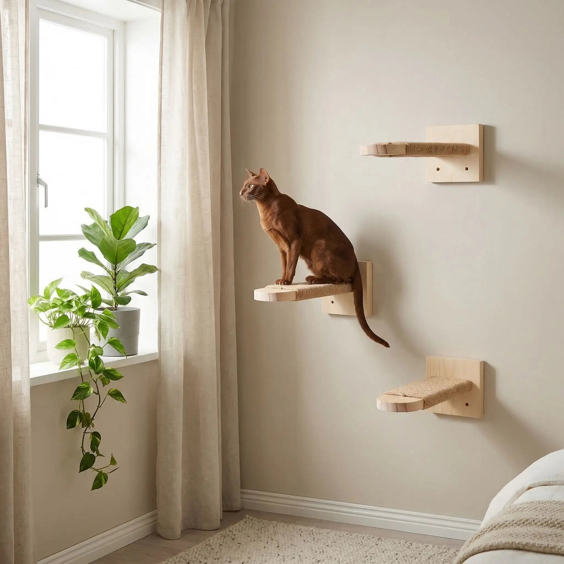 perchoir chat mural bois sisal intérieur beige design
