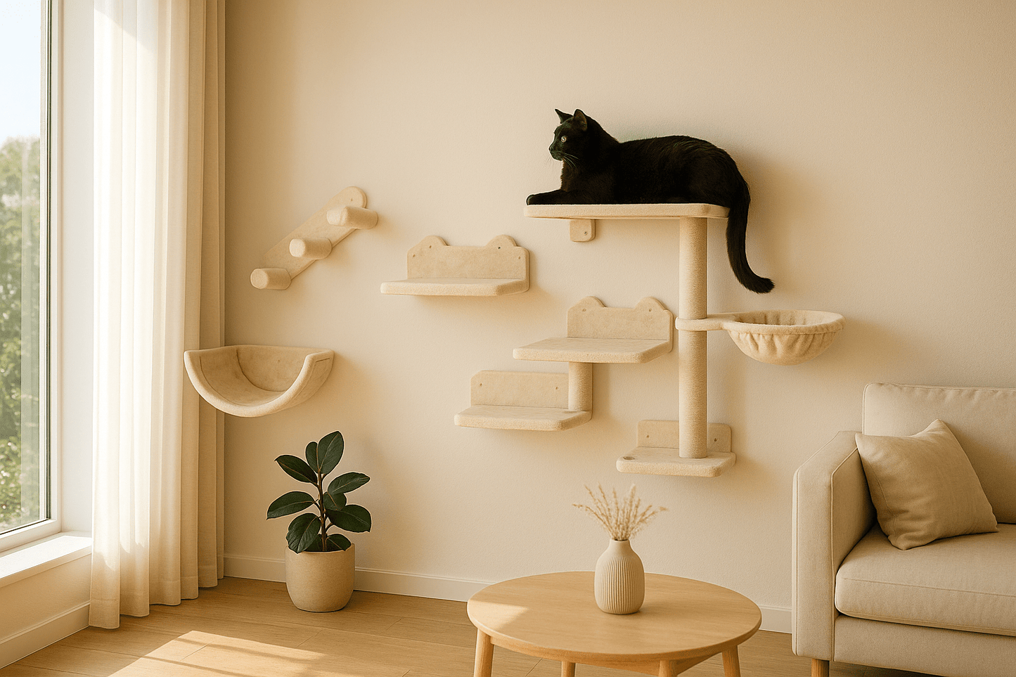 minou noir couché dessus arbre a chat mural Gain de Place