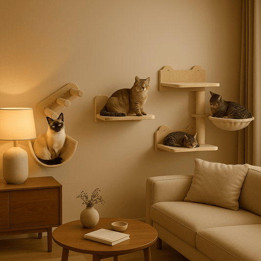 plusieurs chats installés dans arbre a chat mural Gain de Place