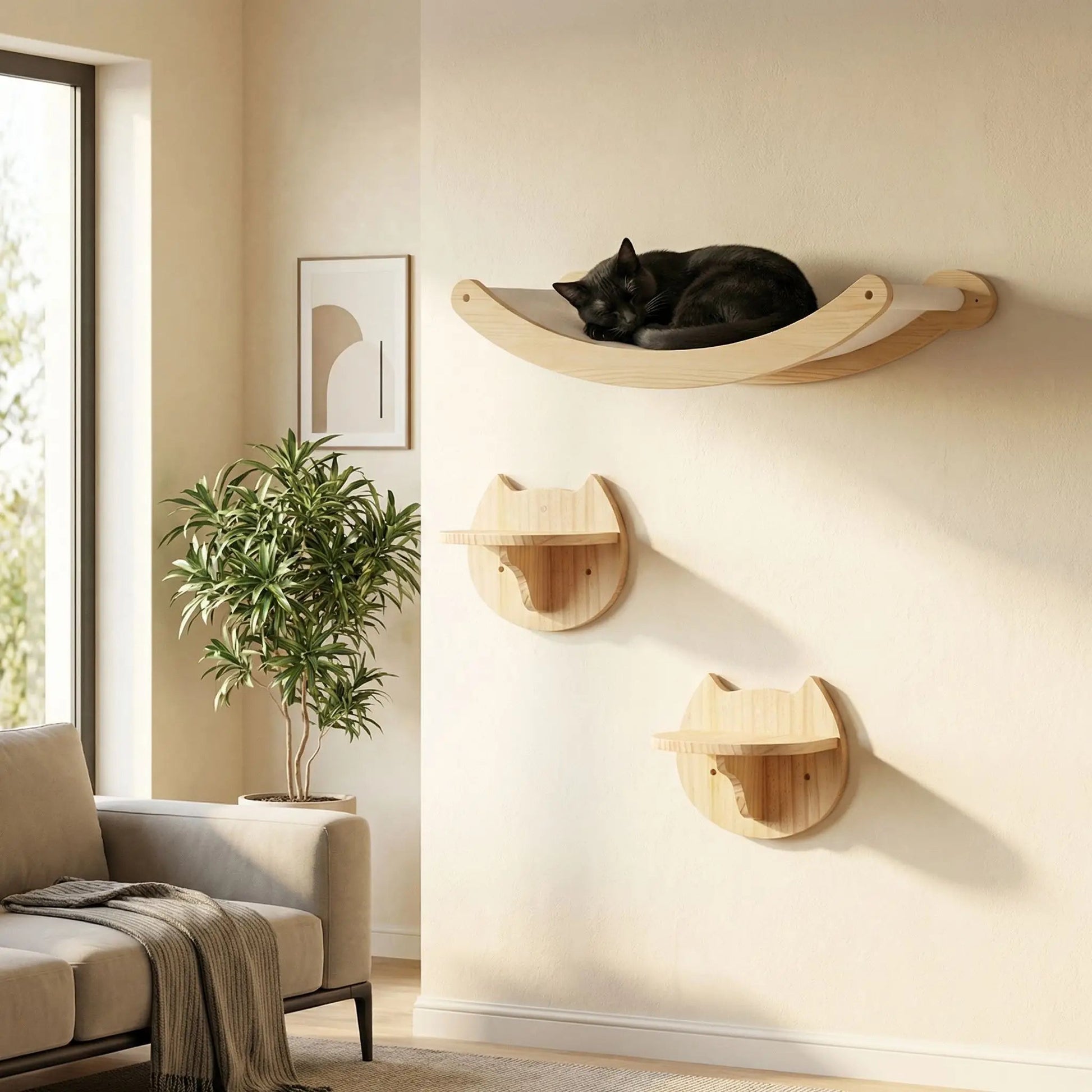 arbre à chat mural bois 3 modules salon beige