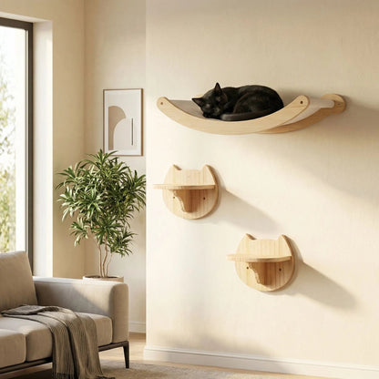 arbre à chat mural bois 3 modules salon beige