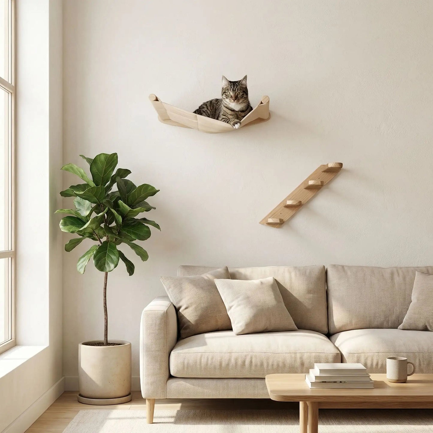 arbre à chat mural hamac mural chat bois naturel escalier mural design