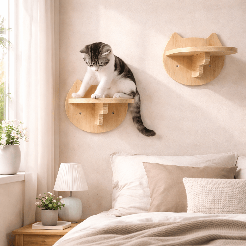 Arbre à Chat Mural installé dans une chambre beige avec chat sur perchoir