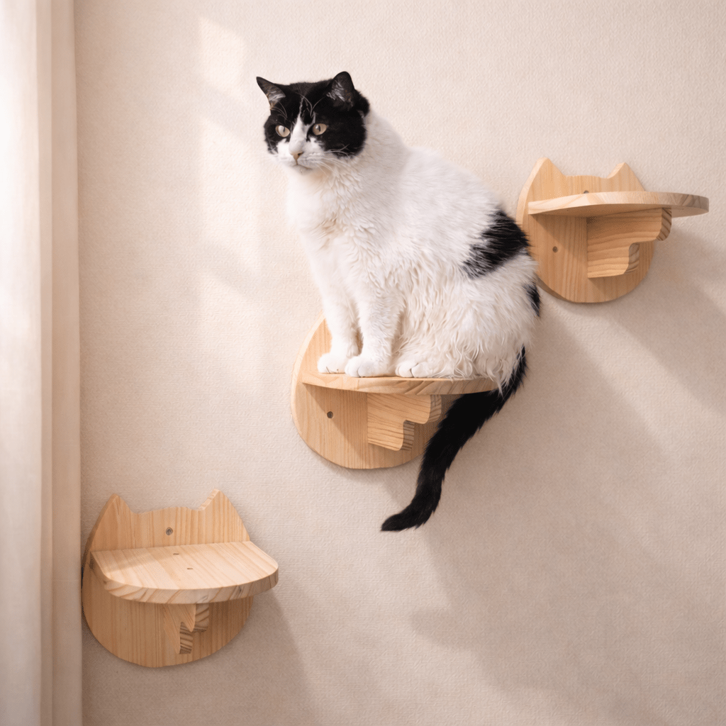 arbre à chat bois mural perchoir tête de chat bois naturel avec chat assis