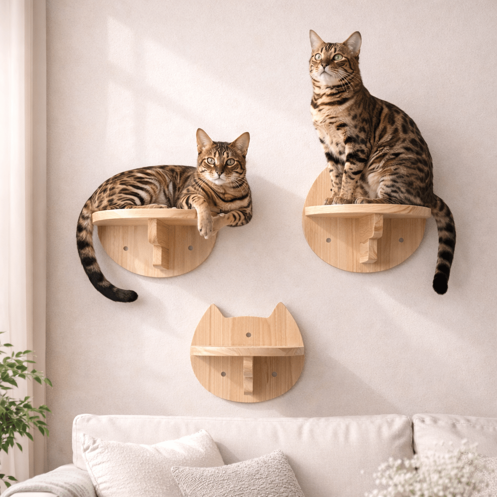 Arbre à Chat Mural en bois avec deux chats Bengal sur perchoirs design