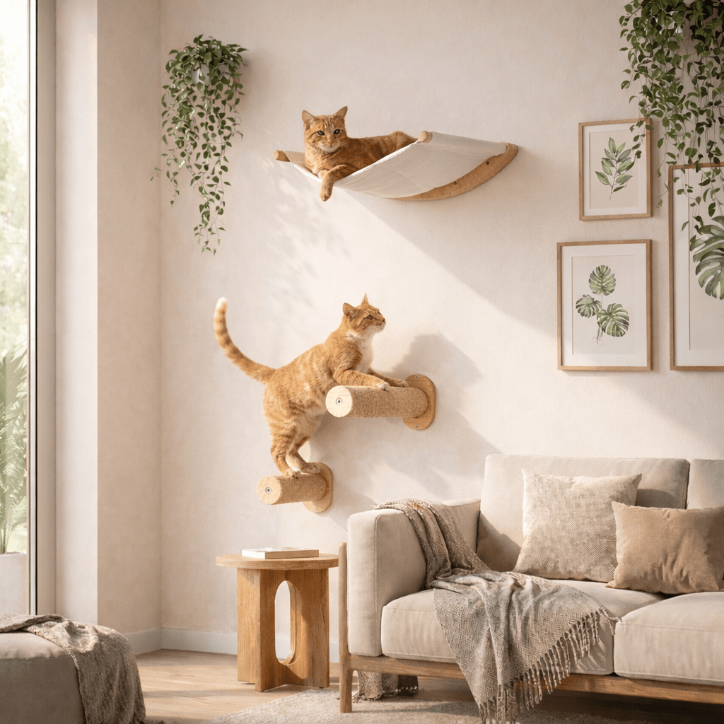 arbre à chat mural beige clair hamac bois naturel design scandinave salon lumineux