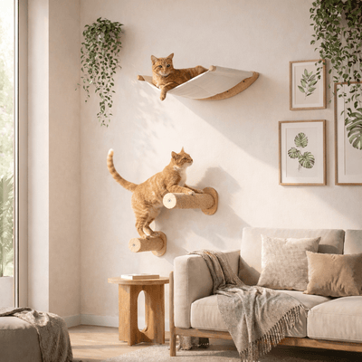 arbre à chat mural beige clair hamac bois naturel design scandinave salon lumineux