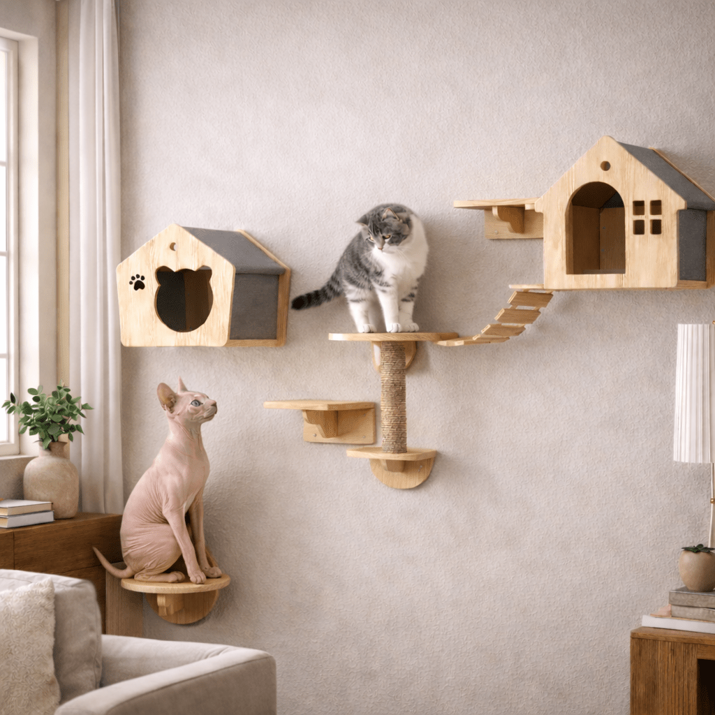 arbre à chat mural bois maison chat escalier perchoirs muraux