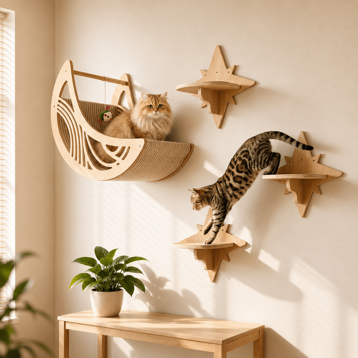 Chat utilisant un arbre à chat mural bois avec plusieurs perchoirs muraux