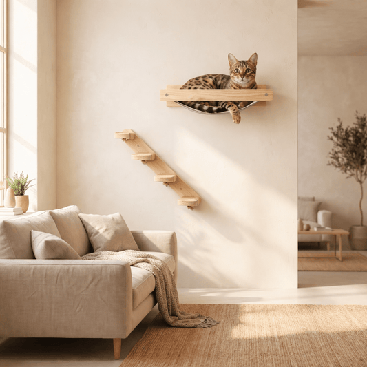 arbre a chat murale bois escalier hamac design