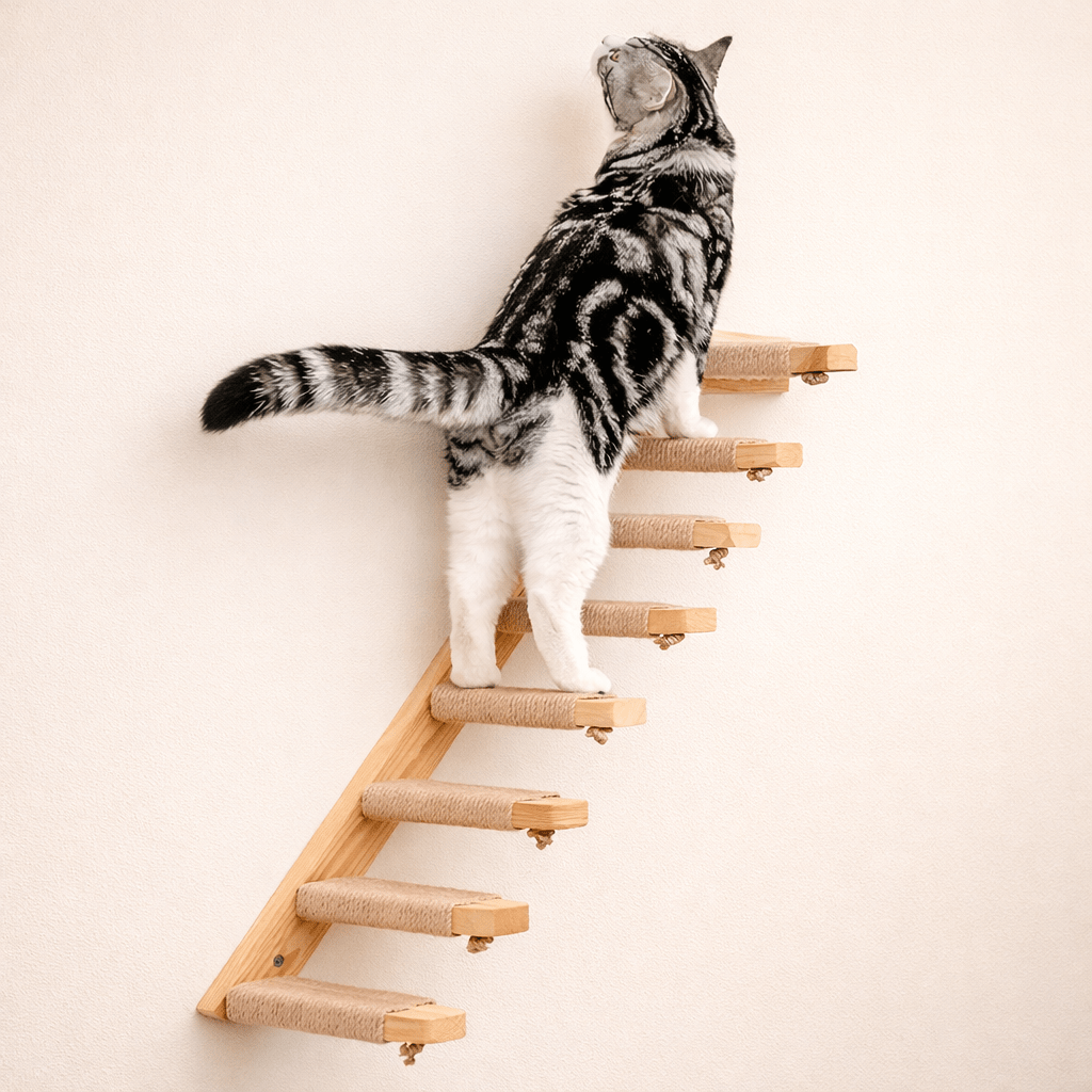arbre à chat murale escalier bois marches sisal chat qui monte