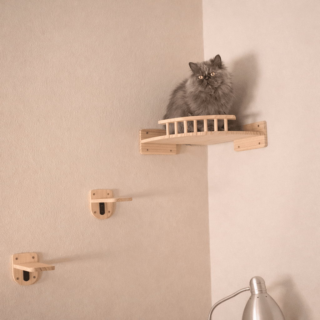arbre a chat murale solide bois massif chat gris