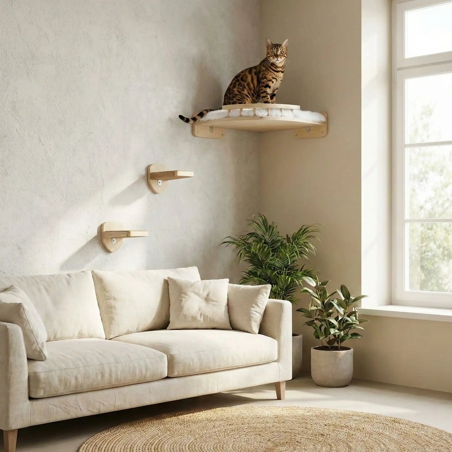 arbre a chat murale en bois massif dans salon beige