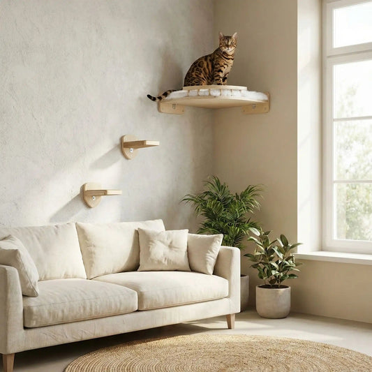 arbre a chat murale en bois massif dans salon beige