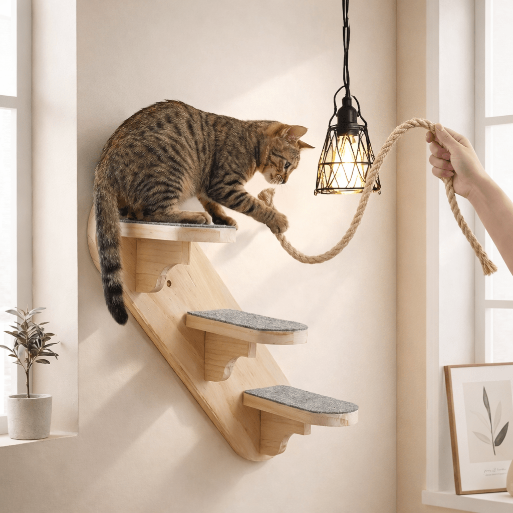 arbre chat mural bois escalier chat mur beige lumière naturelle