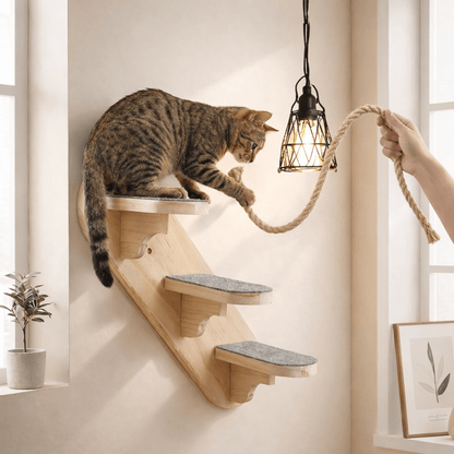 arbre chat mural bois escalier chat mur beige lumière naturelle