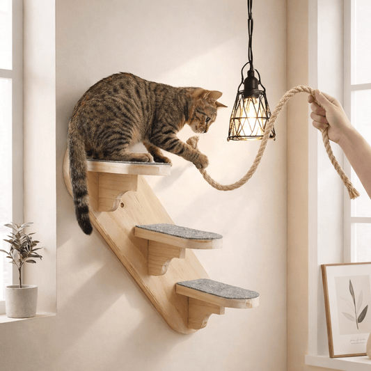 arbre chat mural bois escalier chat mur beige lumière naturelle