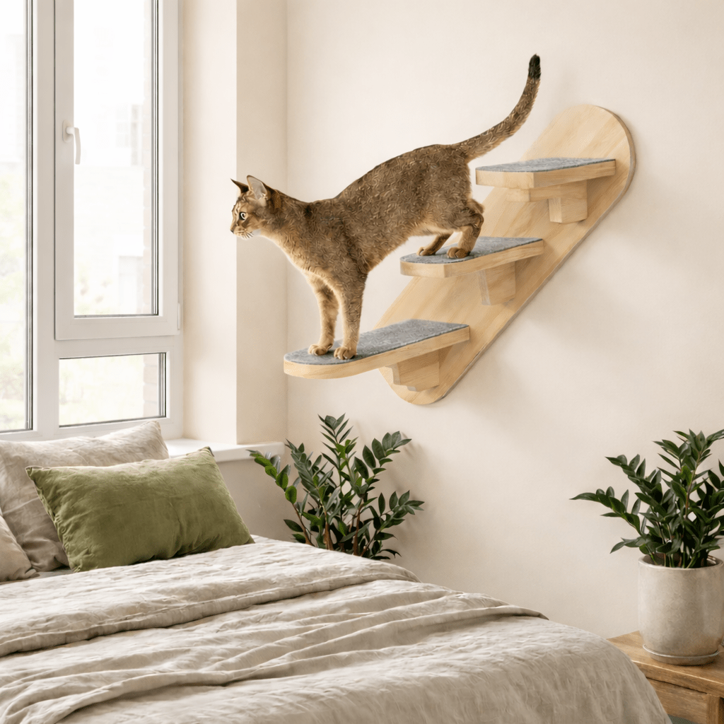 escalier mural chat bois installation chambre déco moderne