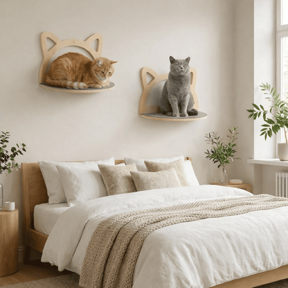 arbre chat mural bois avec chats sur étagères