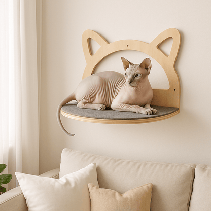 chat sphynx repose sur perchoir mural bois