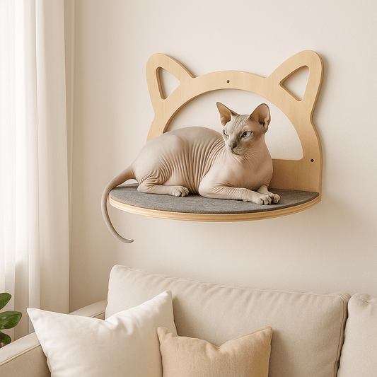 chat sphynx repose sur perchoir mural bois