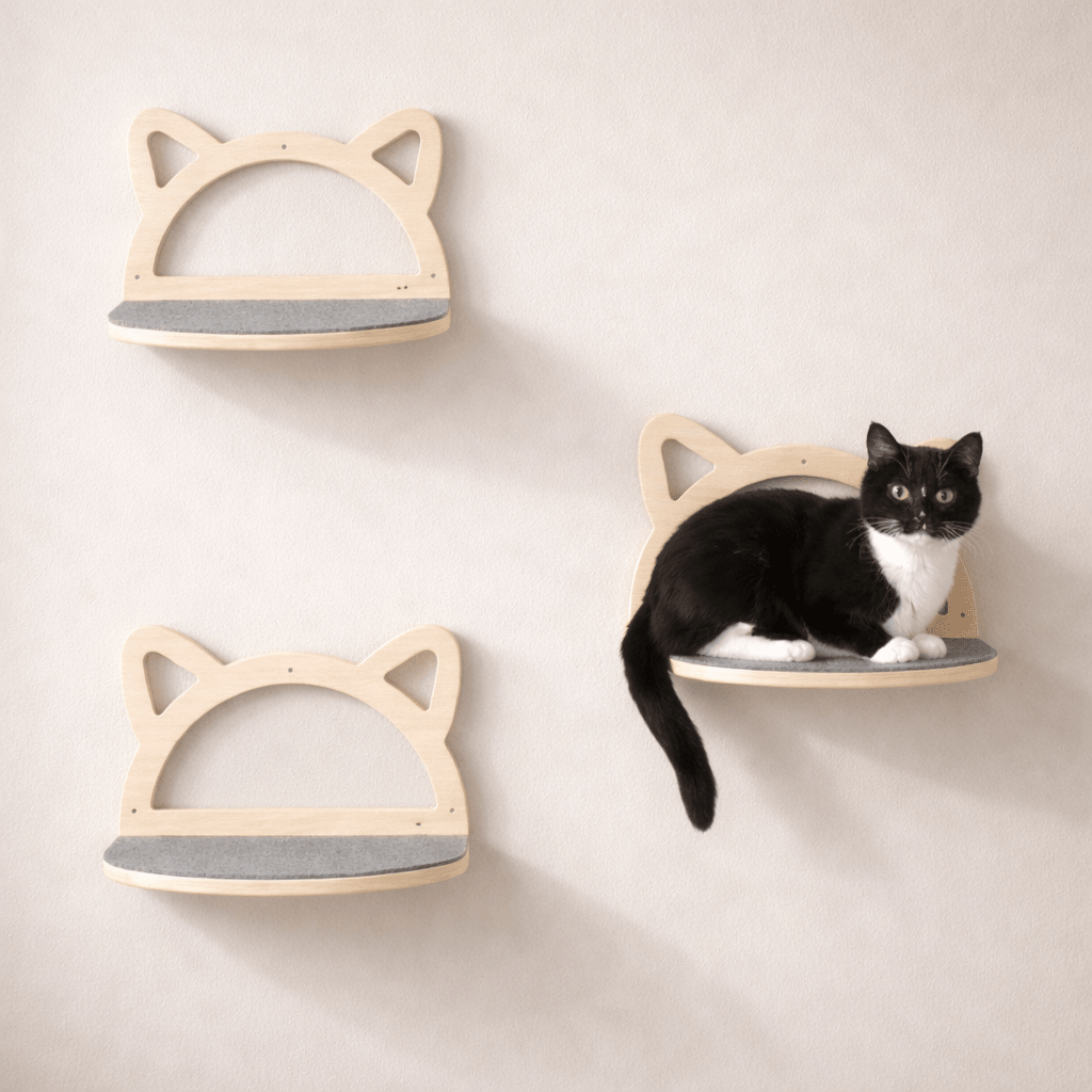 perchoir chat mural bois design tête chat 3 étagères