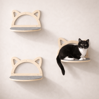 perchoir chat mural bois design tête chat 3 étagères