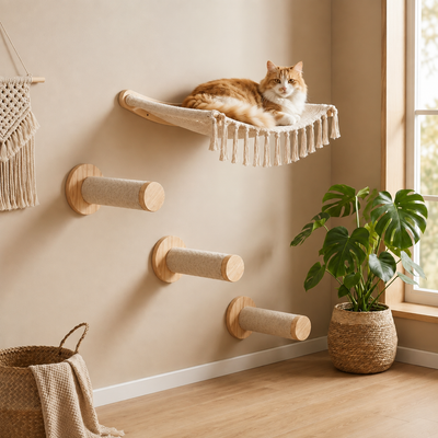 Arbre à chat mural avec hamac et trois marches en sisal