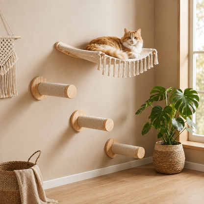 Arbre à chat mural avec hamac et trois marches en sisal