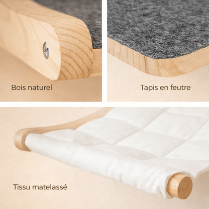 détails matériaux arbre chat mural bois feutre tissu