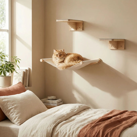 arbre chat mural hamac bois naturel chambre beige