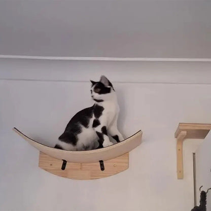 chaton noir blanc assis dessus hamac bois mural