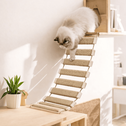 arbres à chat mural pont suspendu chat descend escalier bois