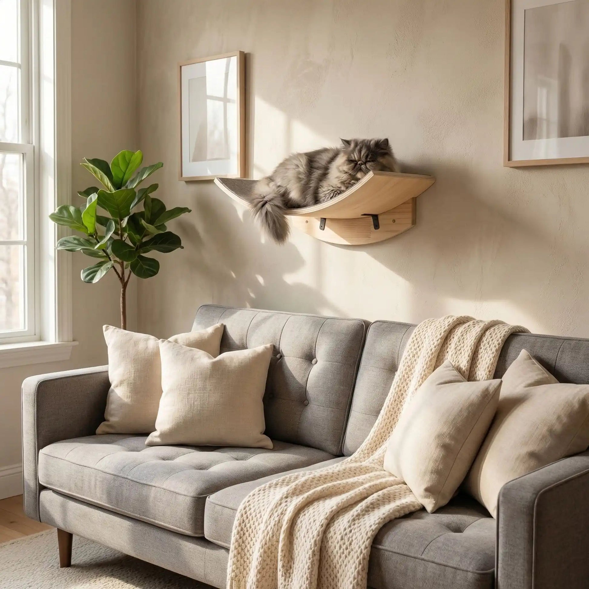 arbres à chat hamac mural design pour chat au dessus d'un canapé