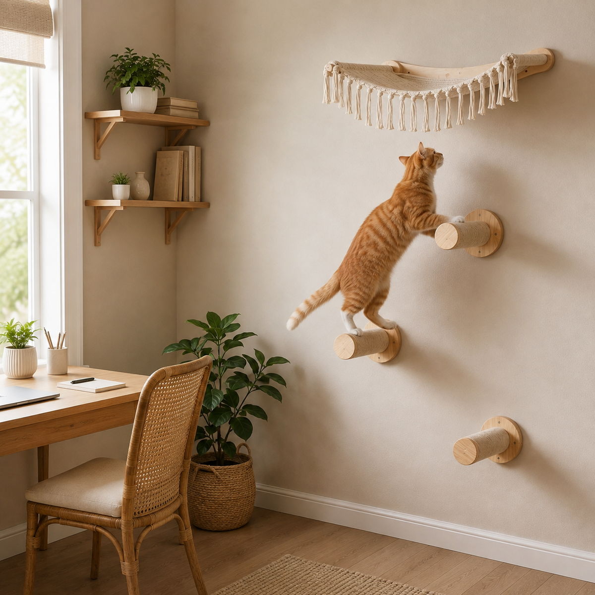 Chat grimpant sur des marches murales en sisal vers son hamac