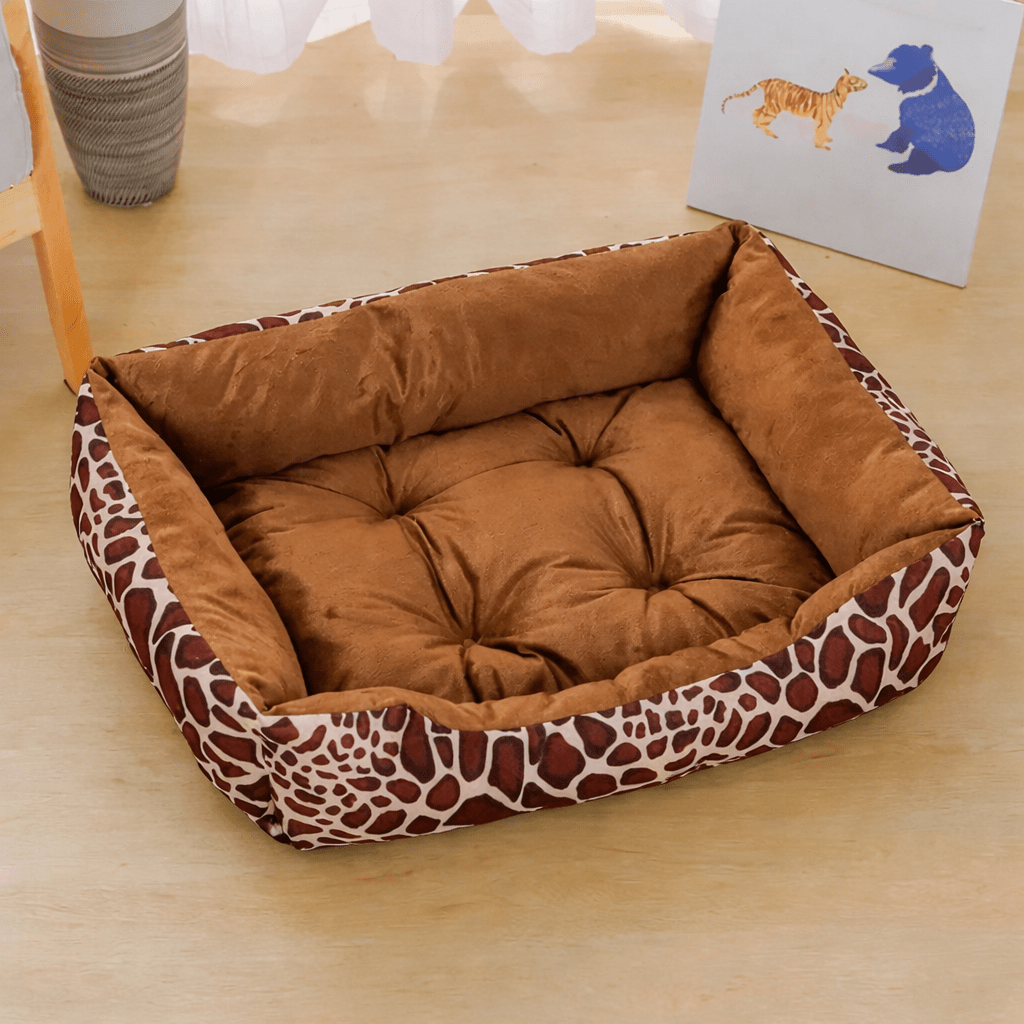 coussin pour chats moelleux motif girafe avec bords rembourrés et assise confortable