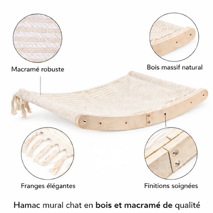 détails hamac mural chat macramé bois massif