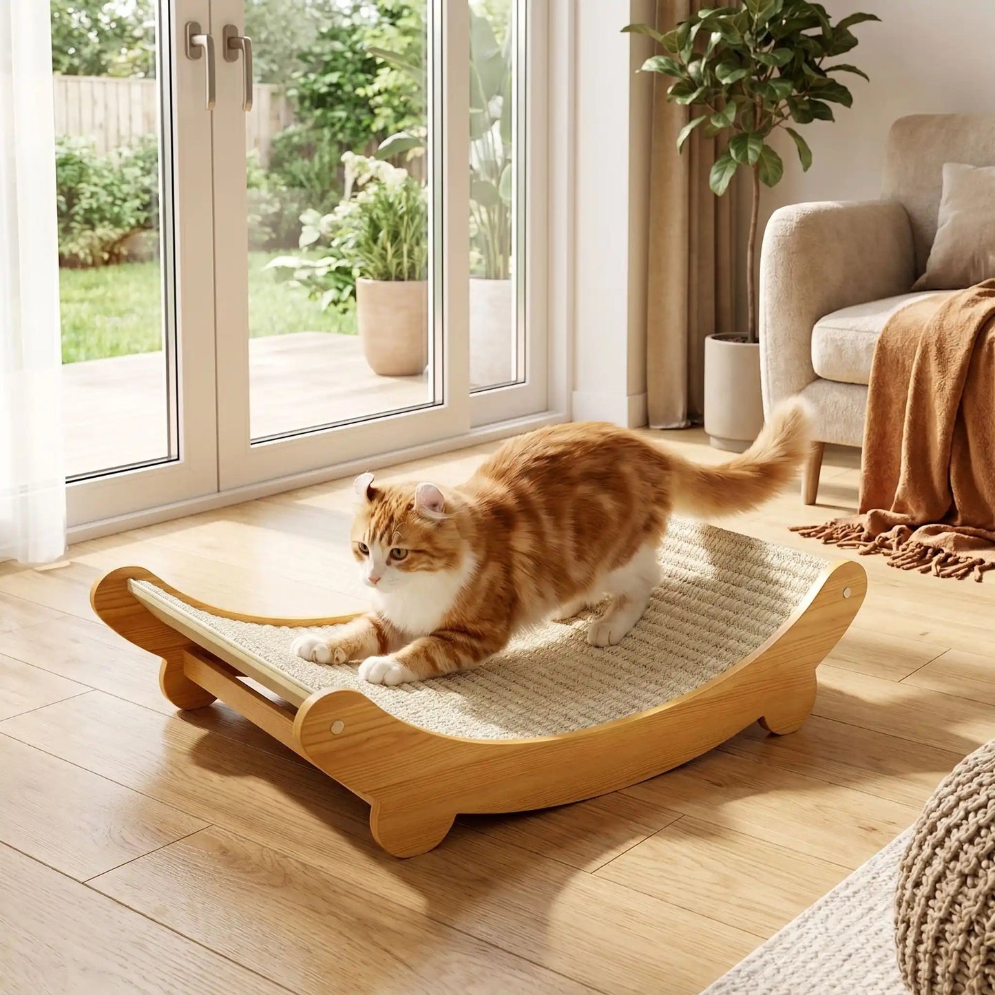 chat qui fait ses griffes sur un griffoir à chat design en sisal
