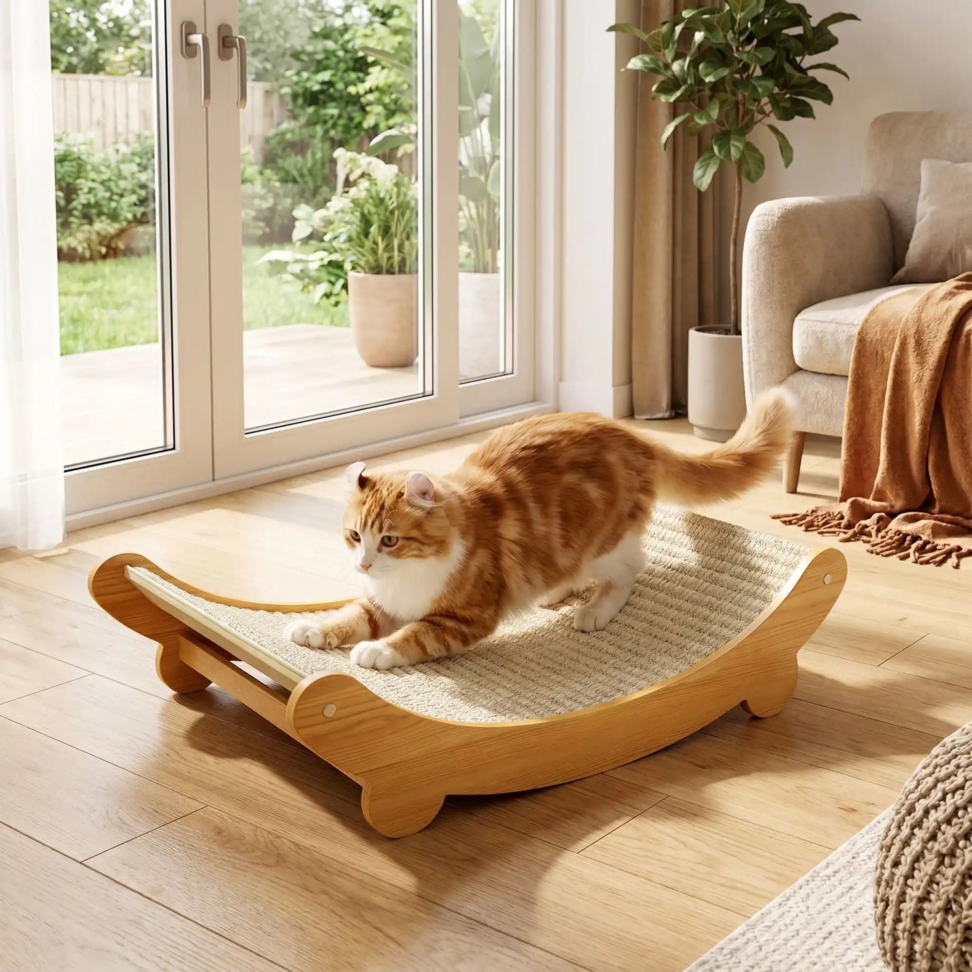 chat qui fait ses griffes sur un griffoir à chat design en sisal