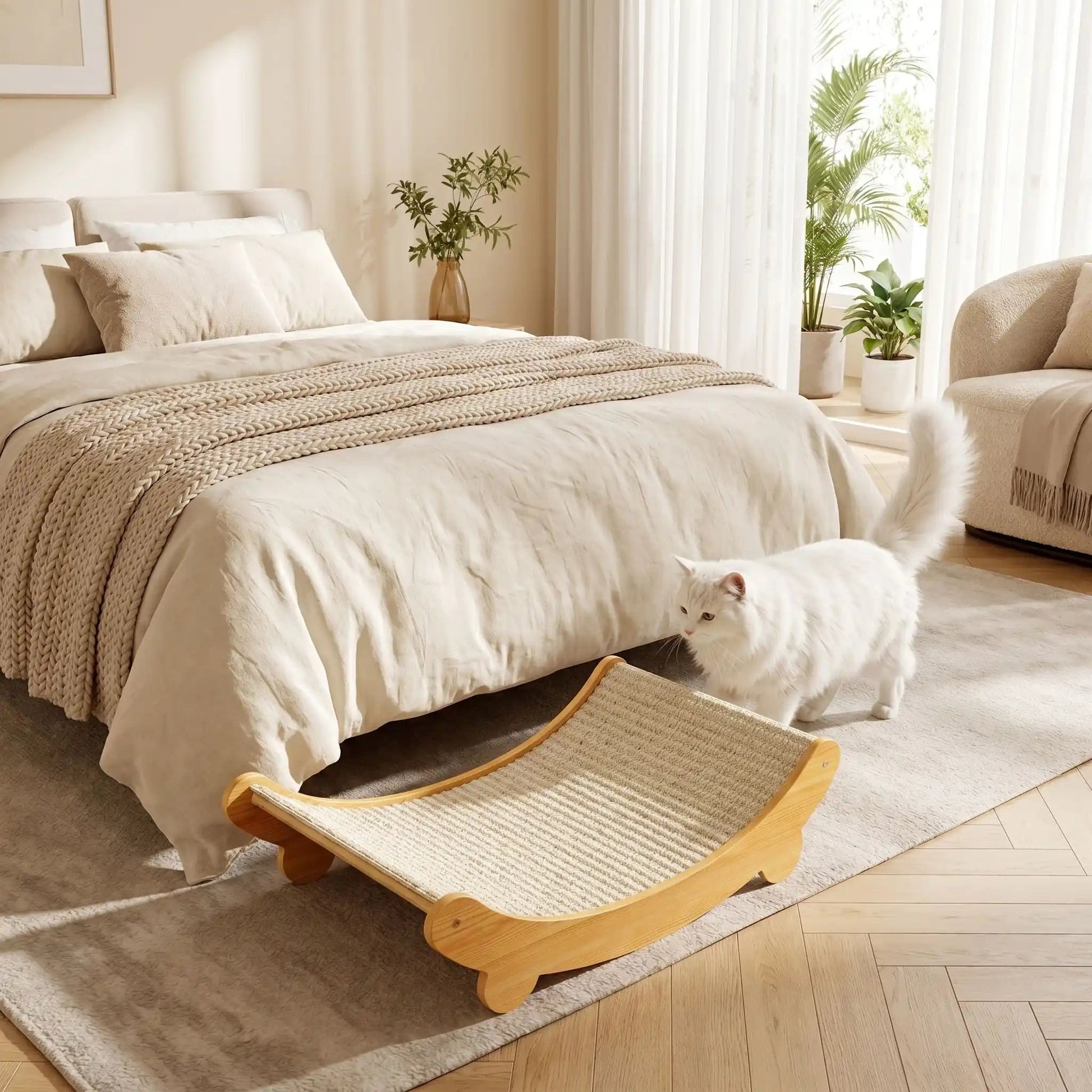 chat blanc près d’un griffoir à chat design en bois et sisal