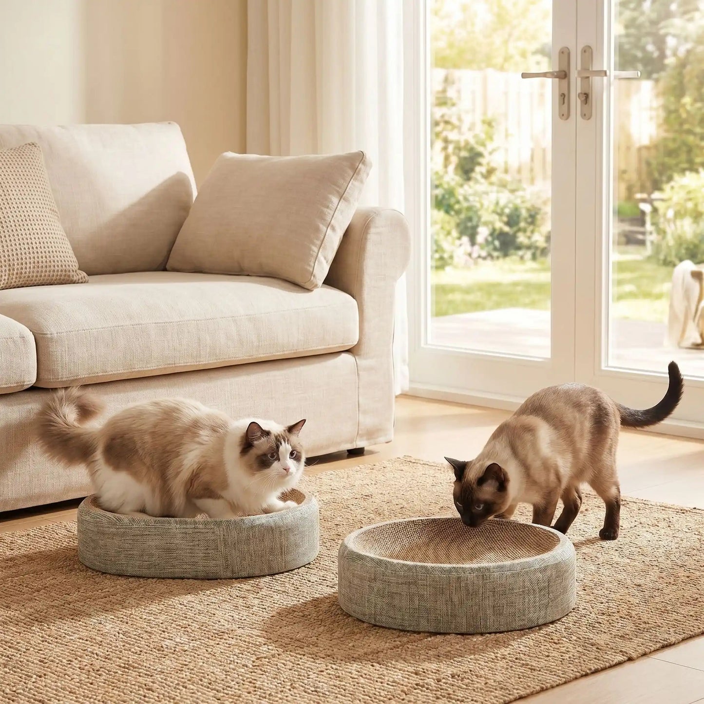 griffoir à chat design utilisé par plusieurs chats dans un salon