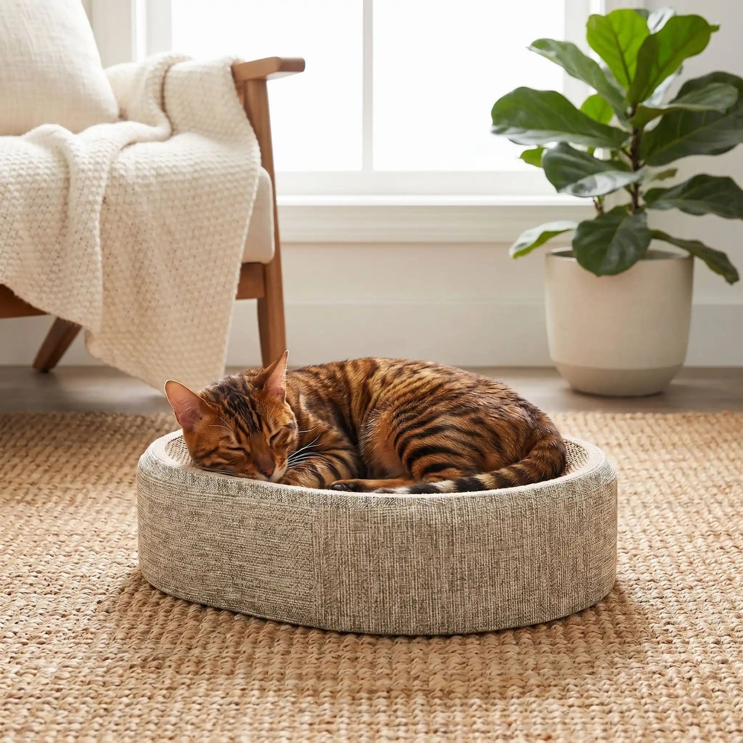 griffoir à chat en carton ondulé avec chat couché confortable