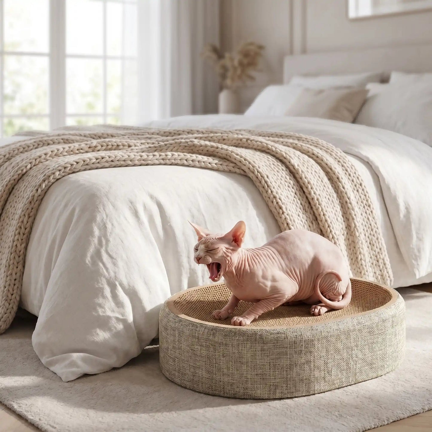 griffoir à chat design dans une chambre beige style cocooning