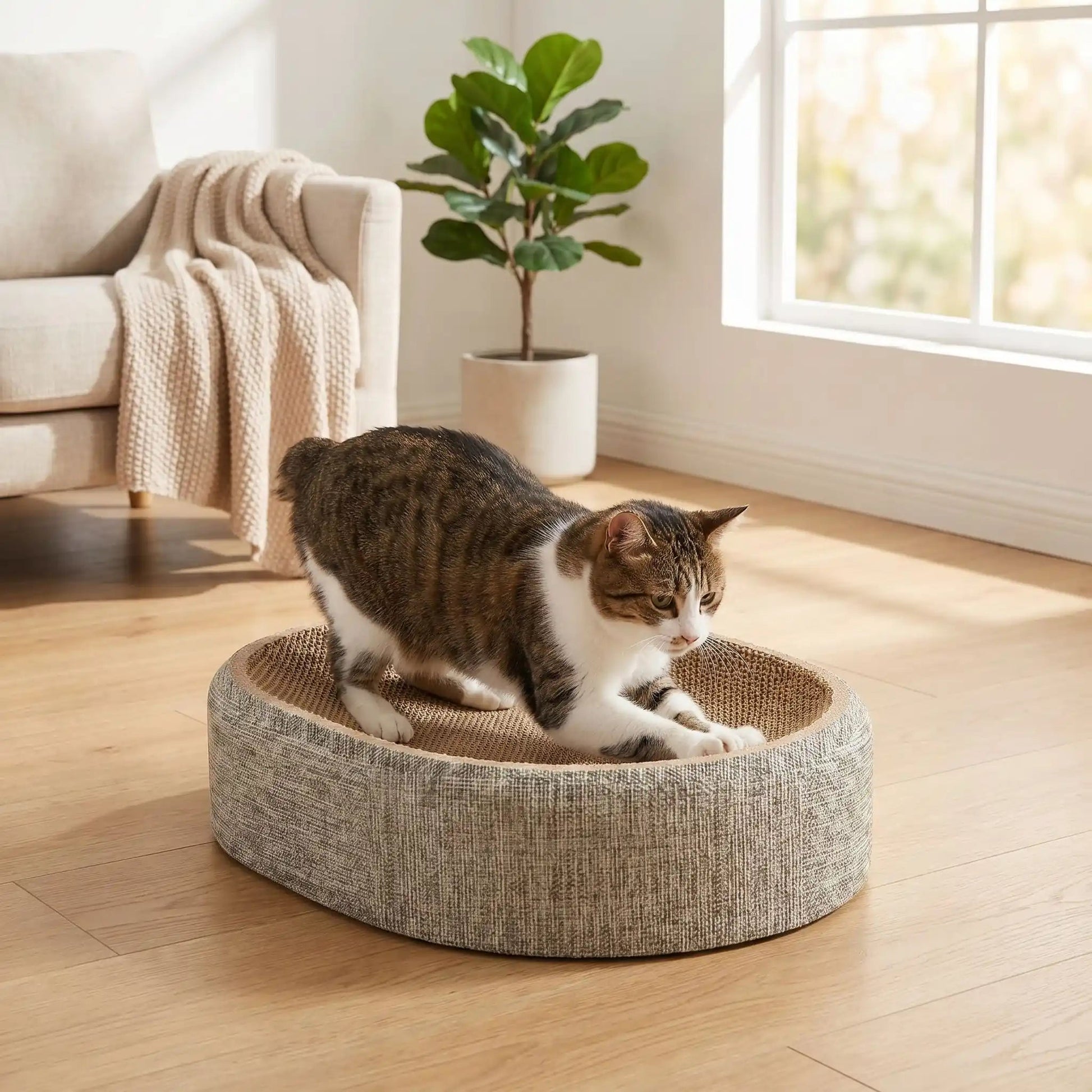 griffoir à chat design en carton ondulé avec chat qui fait ses griffes