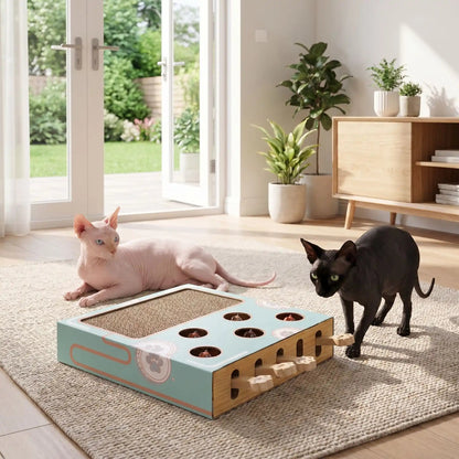 griffoir chat carton utilisé par plusieurs chats dans un salon lumineux