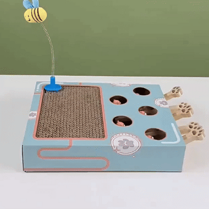 griffoir chat carton avec jouet abeille pour stimuler le jeu du chat
