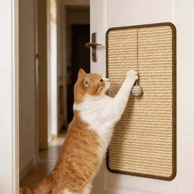 Griffoir chat utilisé sur une porte par un chat