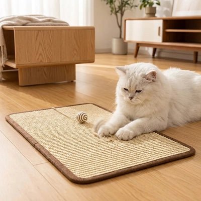 Griffoir chat utilisé au sol par un chat blanc