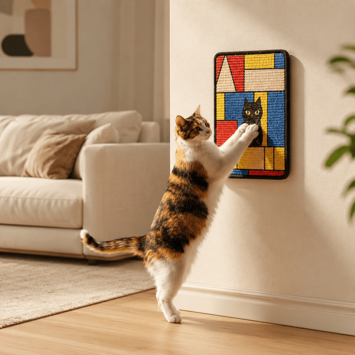 Chat tricolore utilisant un griffoir mural décoratif coloré fixé au mur dans un salon beige
